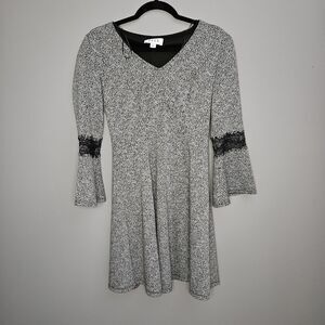 Elle Fit & Flare Dress Knit Lace Long Bell Sleeve Black White Sz Small